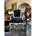 Carver Chair black velvet effect seat on a baroque style silver painted frame 60 x 45 x 89cm
