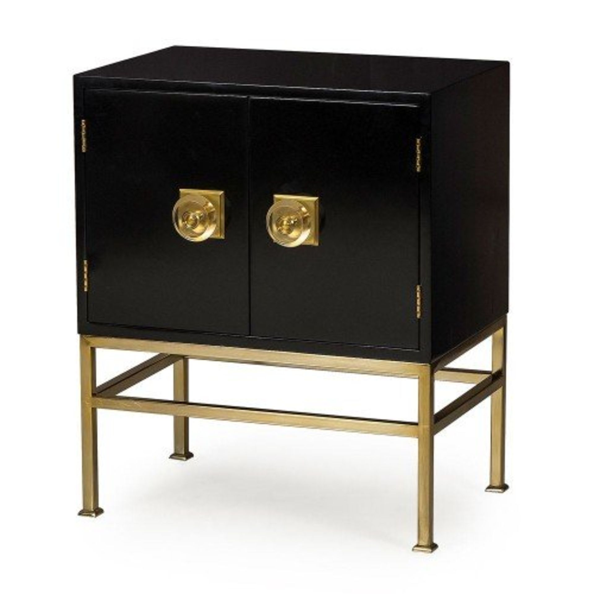 Formal 2 Door Nightstand Black Brass Finish Elevated By A Brass Foot Base, This Grey Colourway