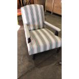 Medici Upholstered In A Striped Green And White Linen With Stud Pin Profiling On A Mahogany Wood