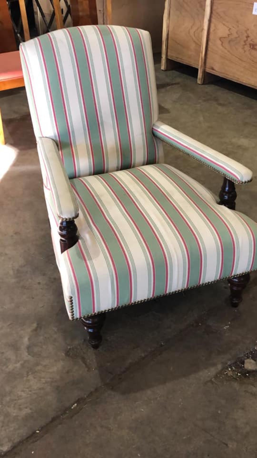 Medici Upholstered In A Striped Green And White Linen With Stud Pin Profiling On A Mahogany Wood