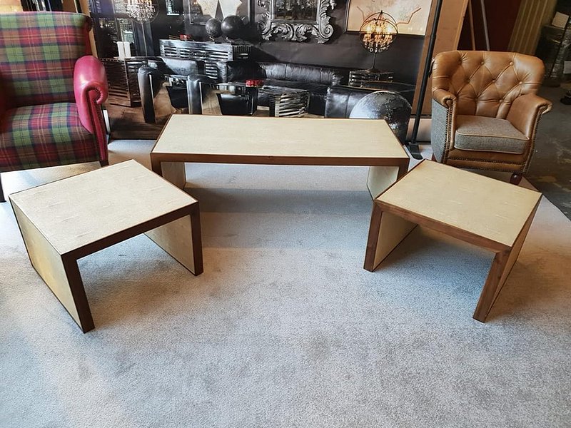 Peyton Nesting Coffee Table – A Set Of 3 Waterfall Style Oak Tables In Ivory Shagreen With Oak