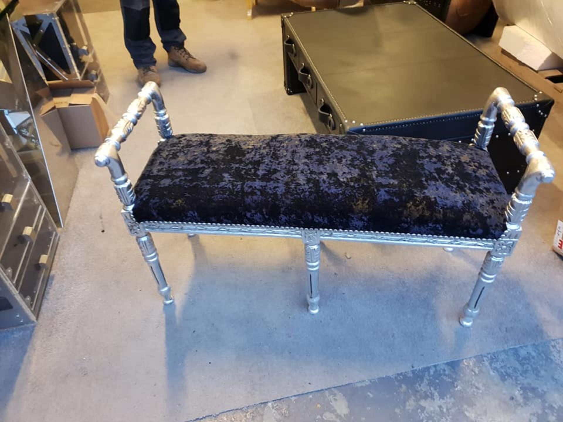 Hall Window Bench Black velvet effect seat on a silver painted frame Upholstered Bench is a striking