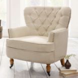 Sophia Tufted Back Armchair – Cream Crafted From A Linen And Cotton Fabric With Round Wooden Legs,