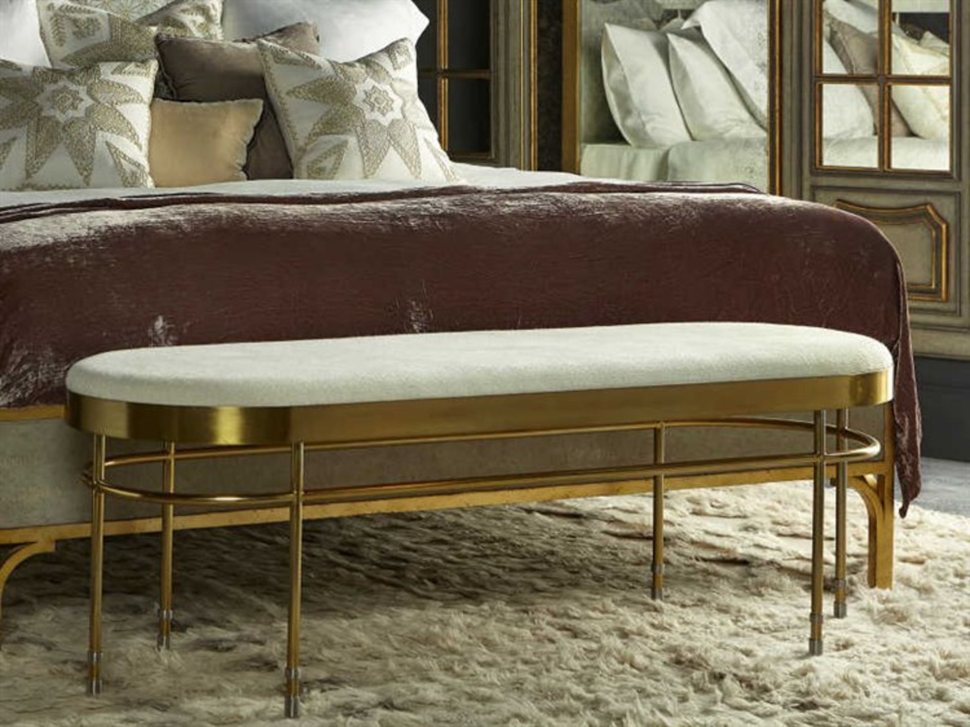 Lozenge Bench Cloud White Art Deco inspired oblong designer bench with satin brass finish.Inject