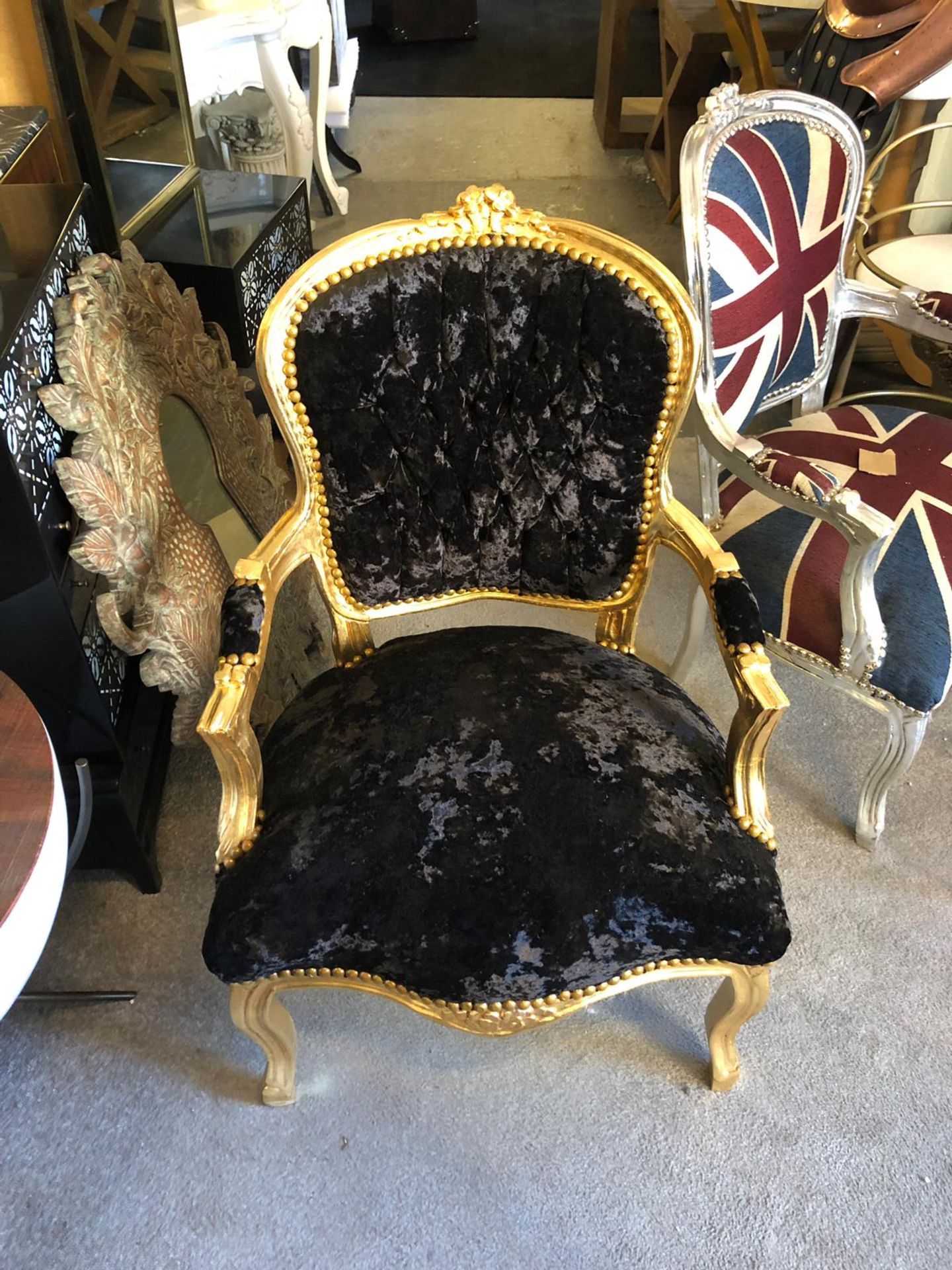 Carver Chair black velvet effect seat on a baroque style gold painted frame 60 x 45 x 89cm