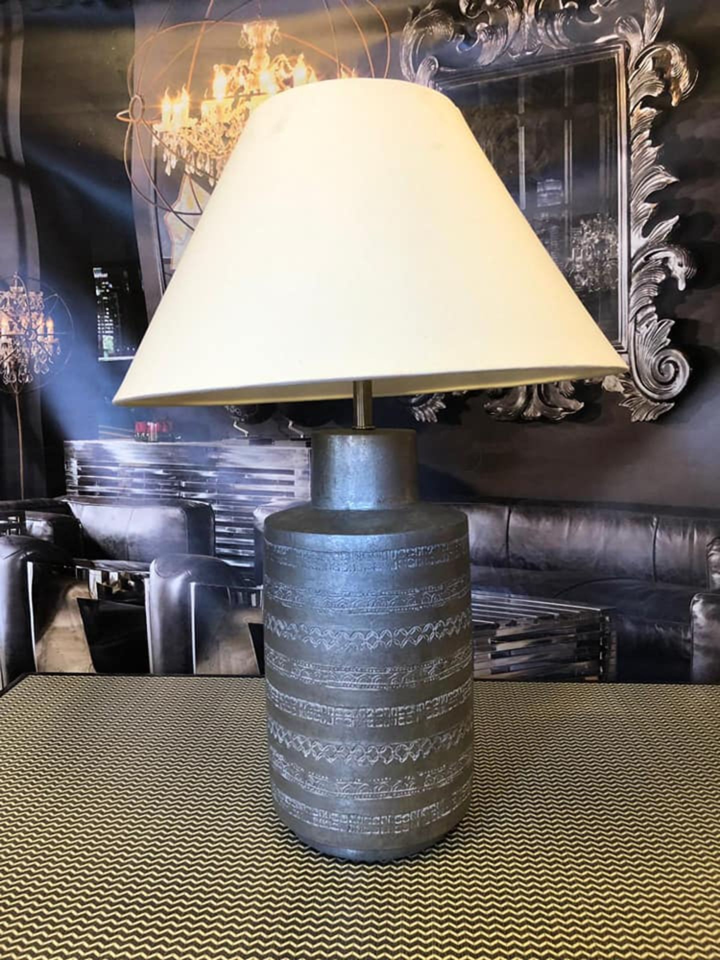 Tracy Boyd Ceramic Silver Fez Lamp Made of beautiful silver ceramic, this timeless 'Fez' table