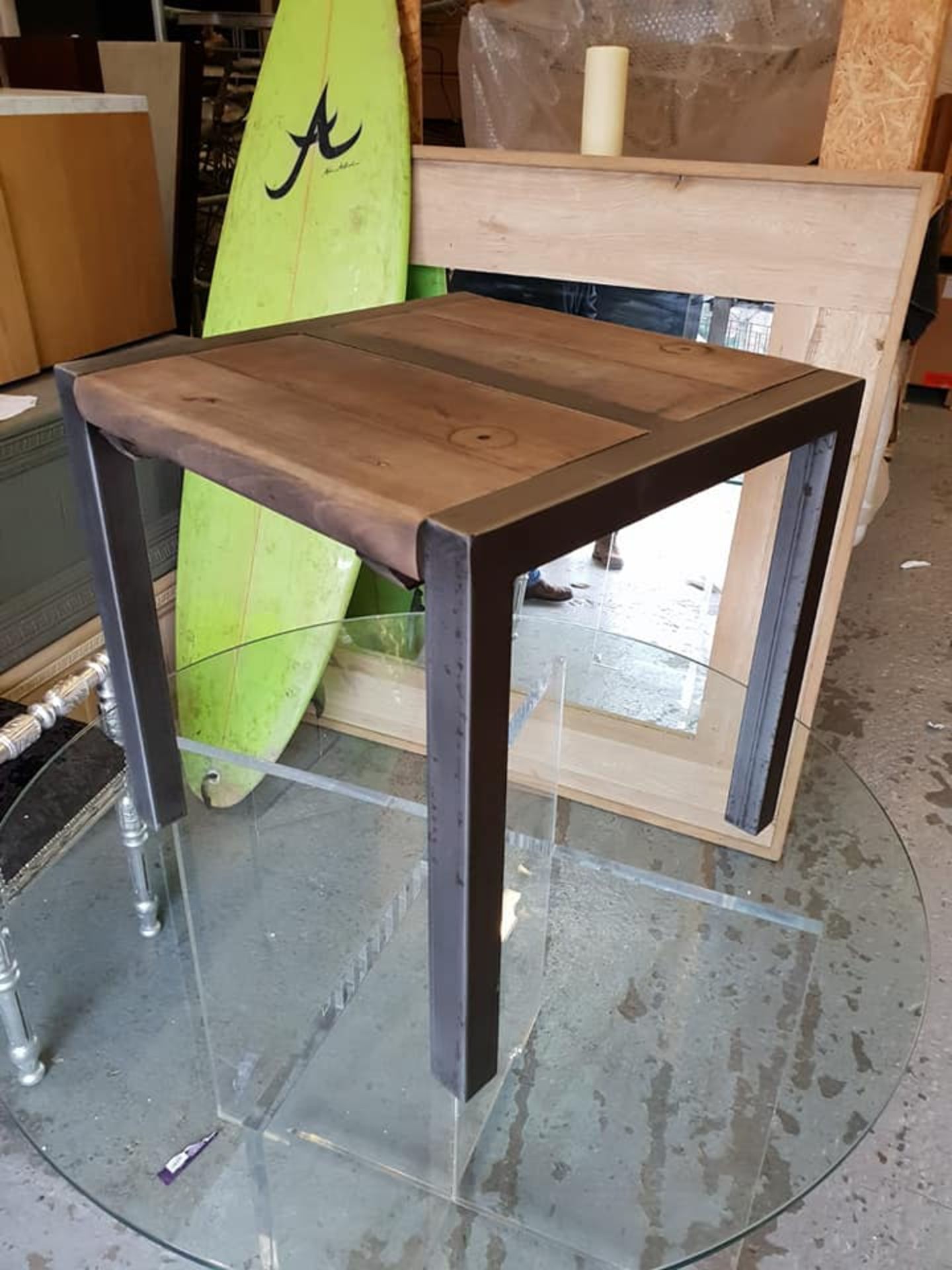 Foundry Bobbin Side Table Iron and Old Door Oak Top 50 x 50 x 50cm