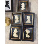 A Set of 5 x Glass Paste Portrait Medallions Framed in a Black Oak Frame with Protective Glass 10 x