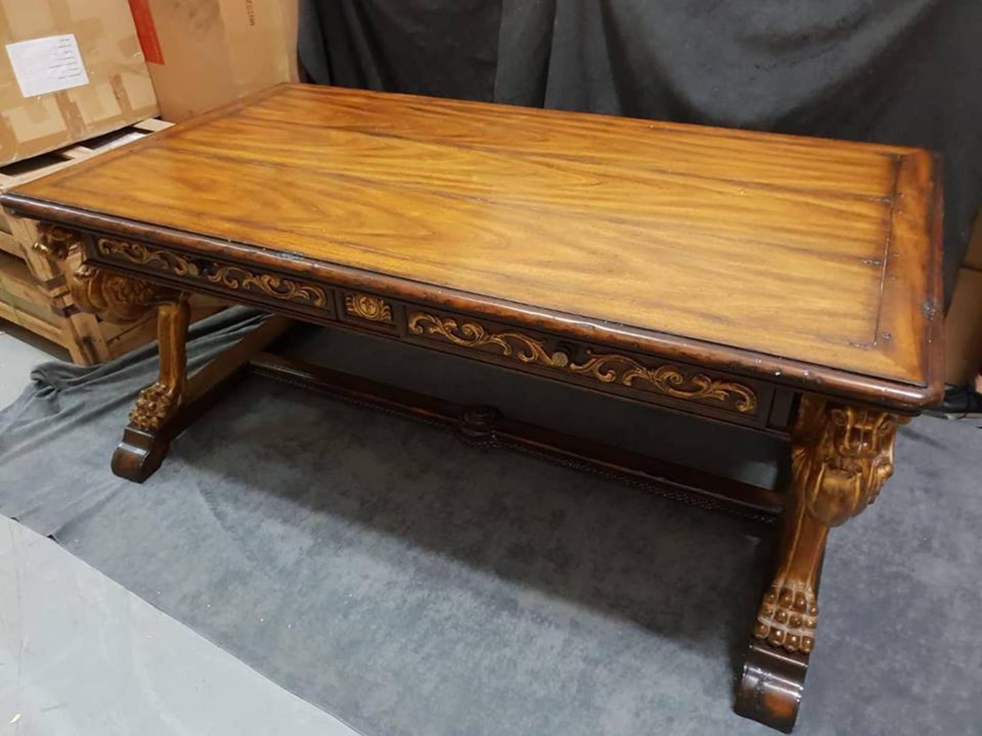 Griffin Library Table 100 Year Distressed Double Sided Library Desk With Aged Gilt Accents Planked - Image 3 of 3