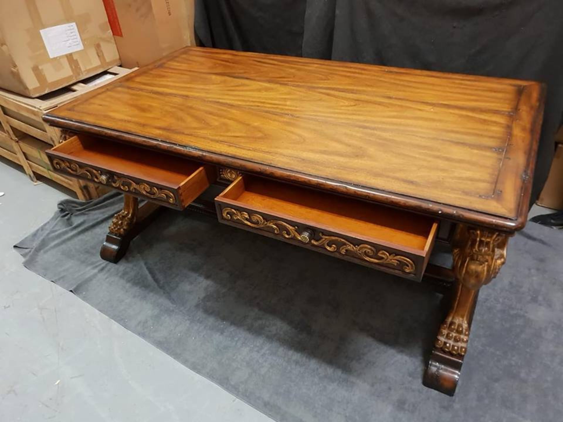 Griffin Library Table 100 Year Distressed Double Sided Library Desk With Aged Gilt Accents Planked - Image 2 of 3