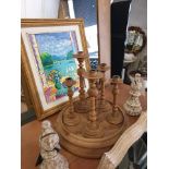 Candle Stick Set Oak Set Of Six Single Candlesticks ( Variable HeightsTurned In Oak And Placed On