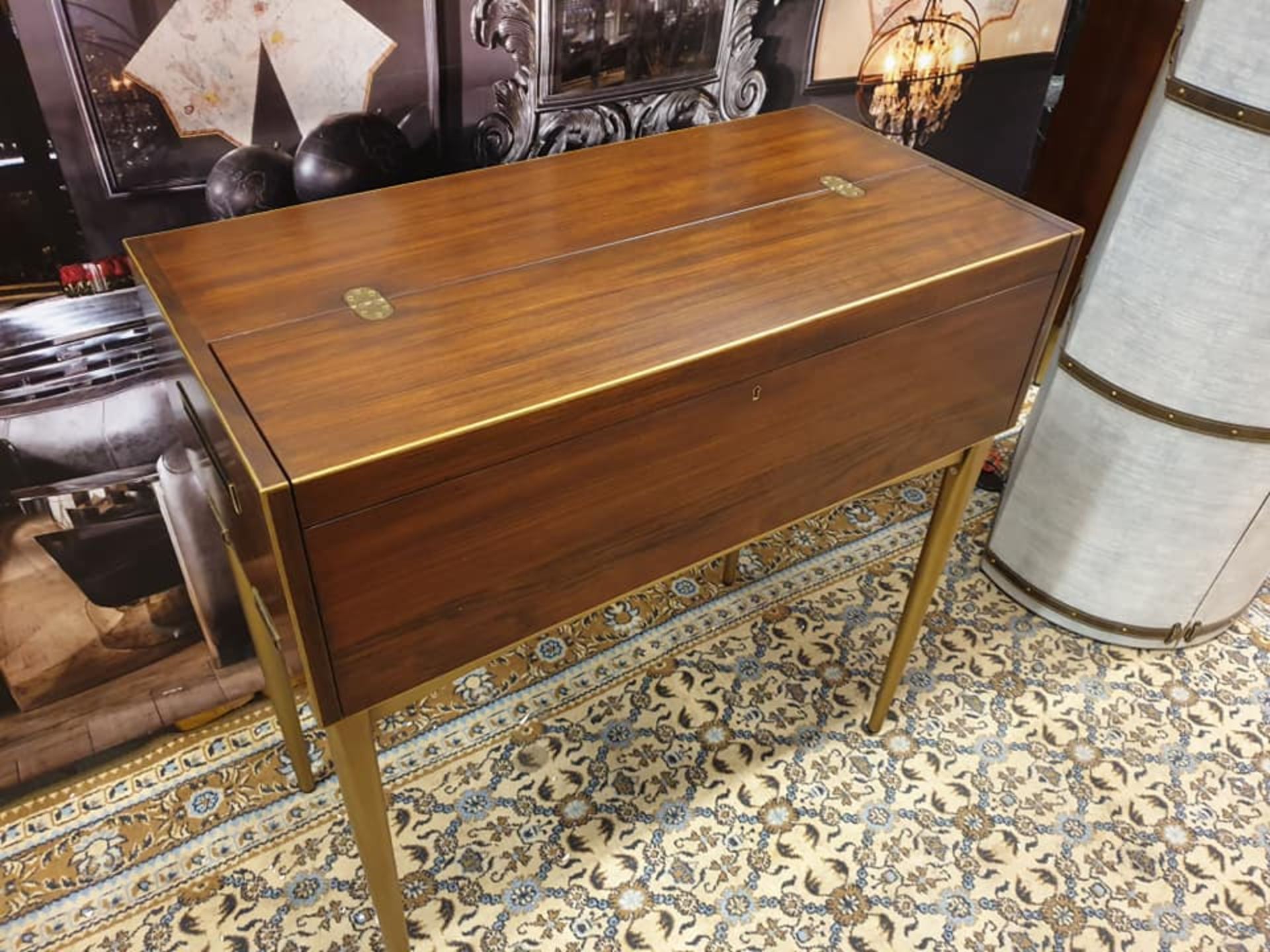 Starbay Acacia Walnut campaign writing desk with Brass trim and brass legs with leather strapping - Image 7 of 7