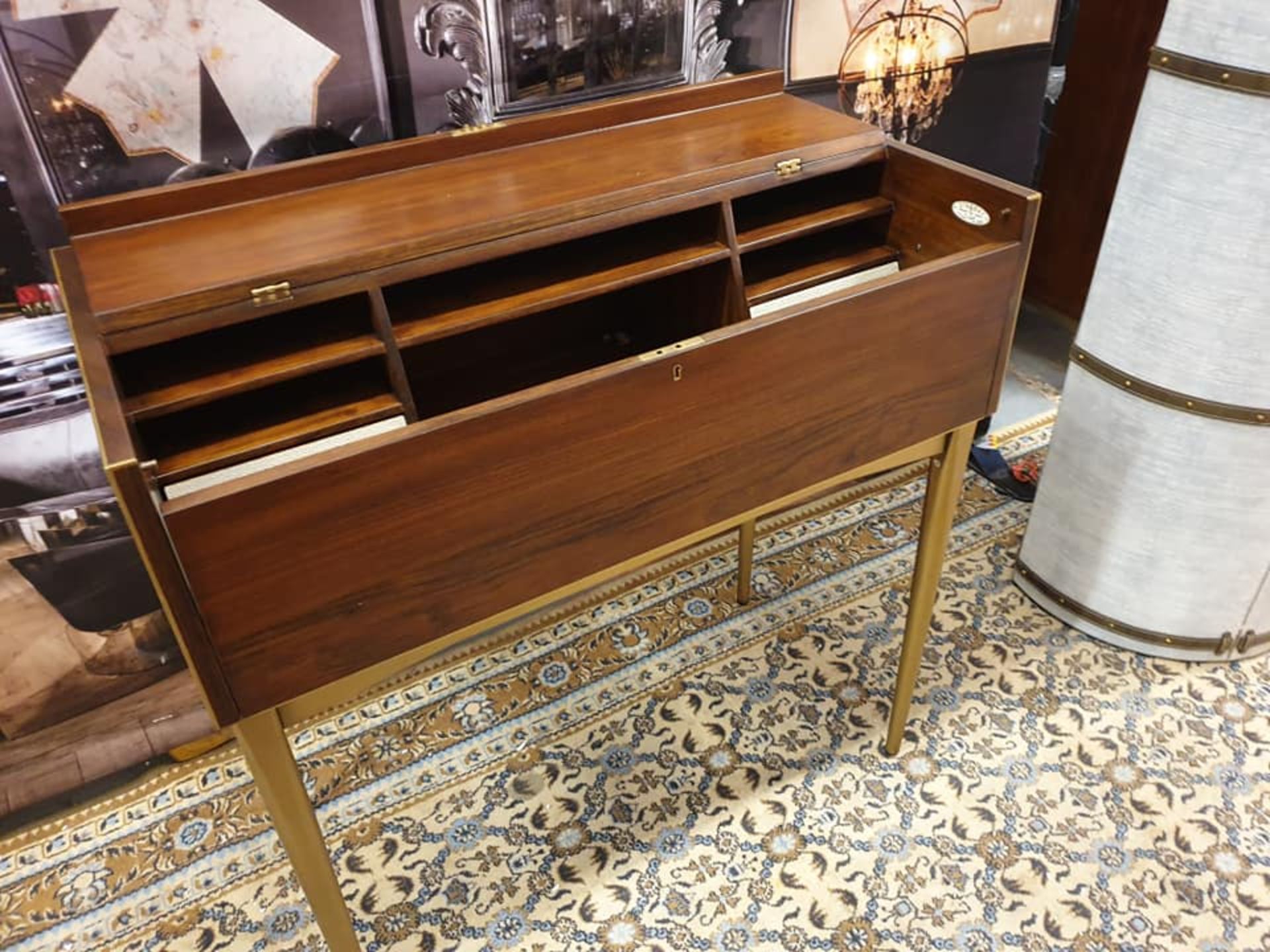 Starbay Acacia Walnut campaign writing desk with Brass trim and brass legs with leather strapping - Image 6 of 7