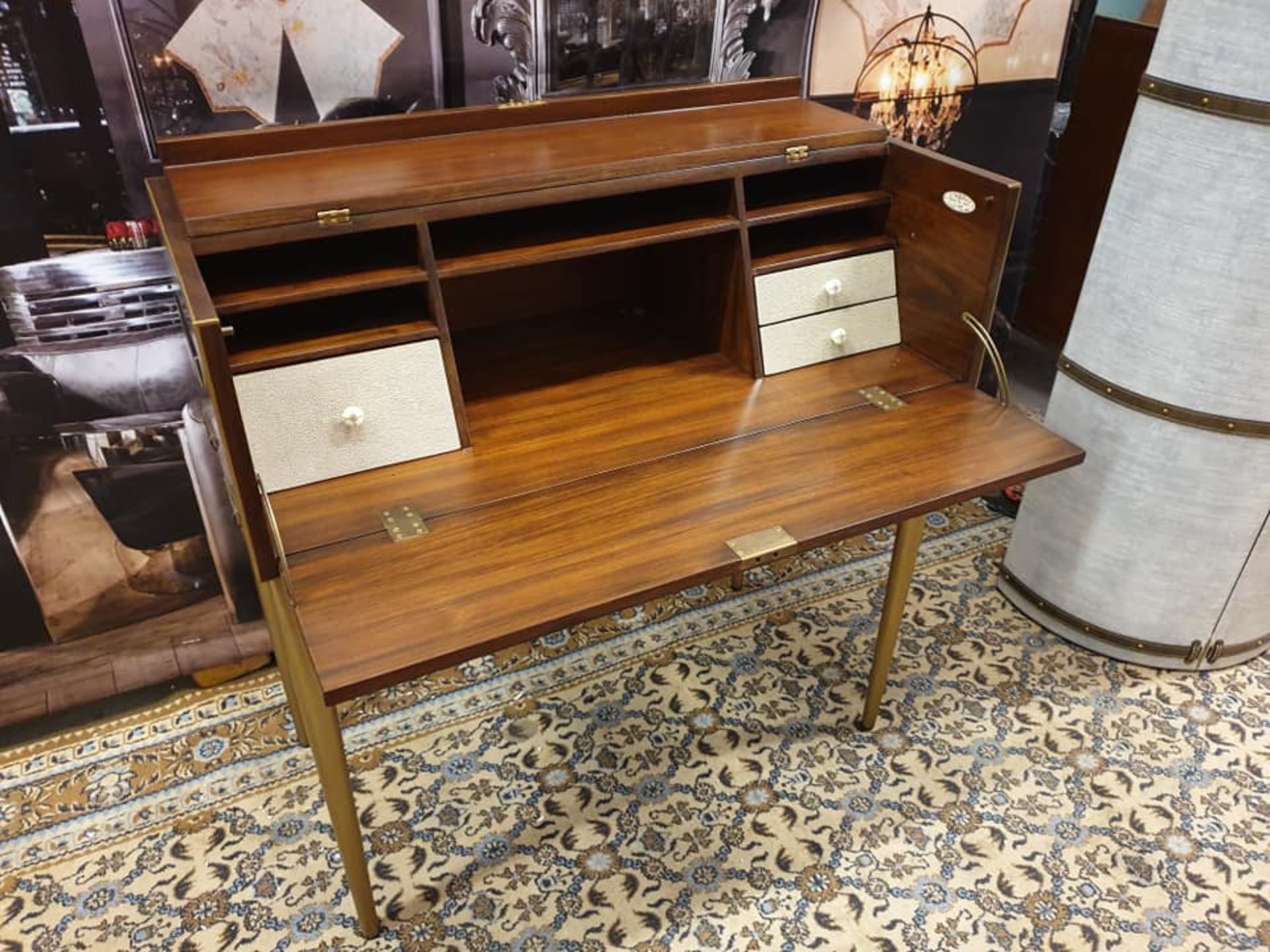 Starbay Acacia Walnut campaign writing desk with Brass trim and brass legs with leather strapping