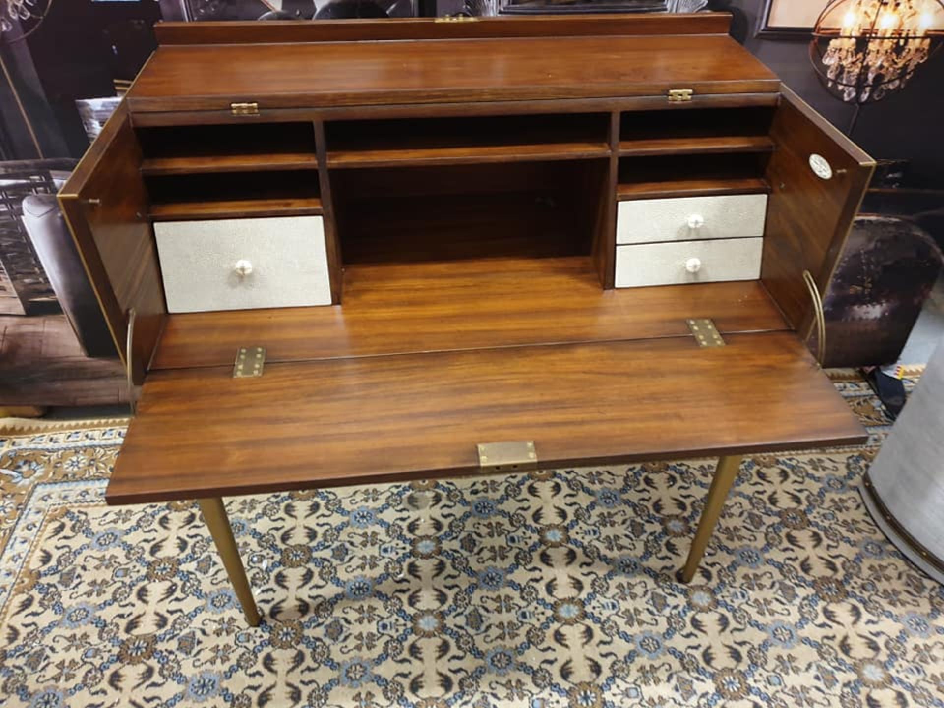 Starbay Acacia Walnut campaign writing desk with Brass trim and brass legs with leather strapping - Image 2 of 7