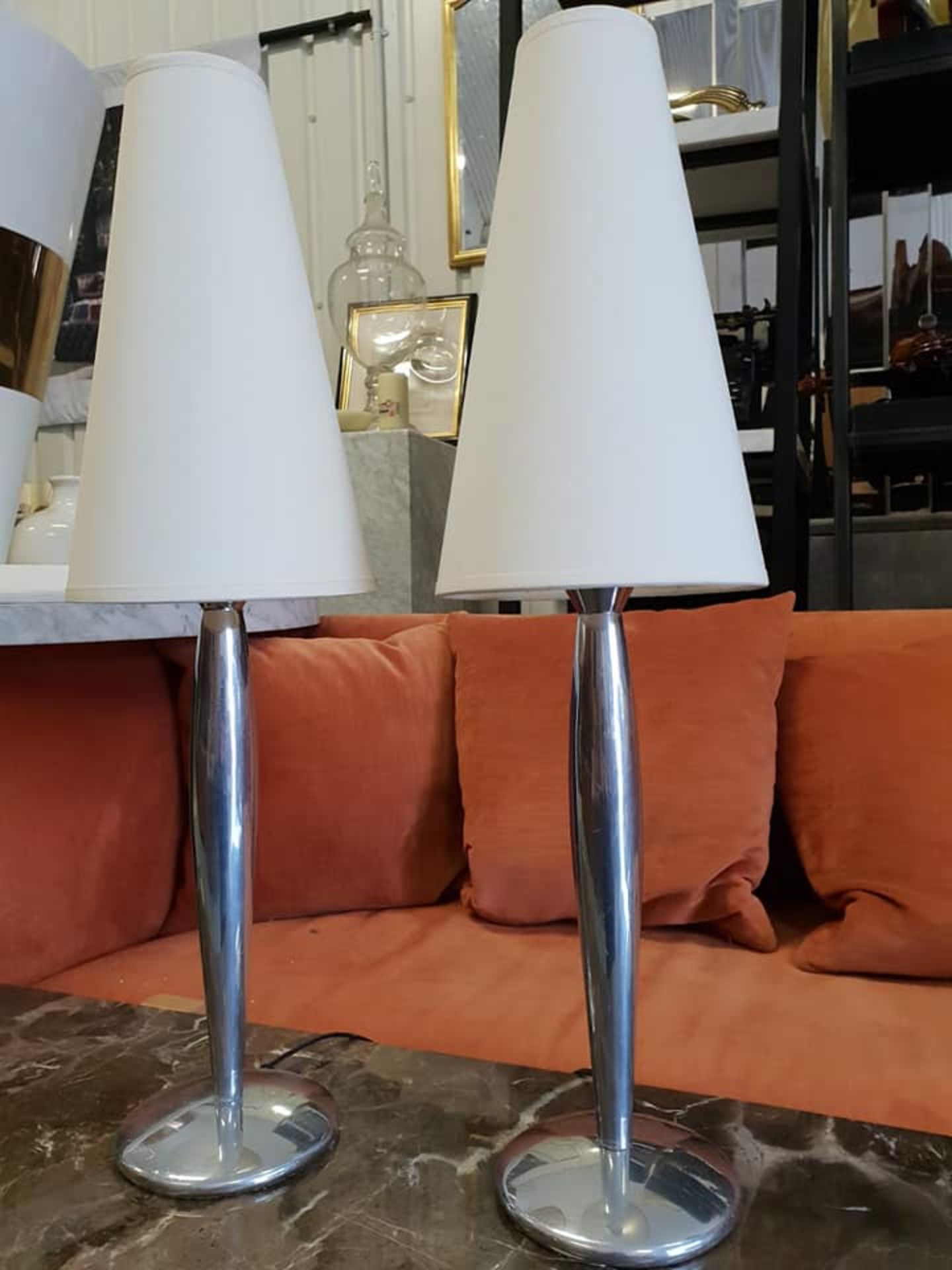 A pair of Maison Lucien Gau Paris lamps with conical shade brilliant polished aluminium frame 63cm - Image 2 of 2