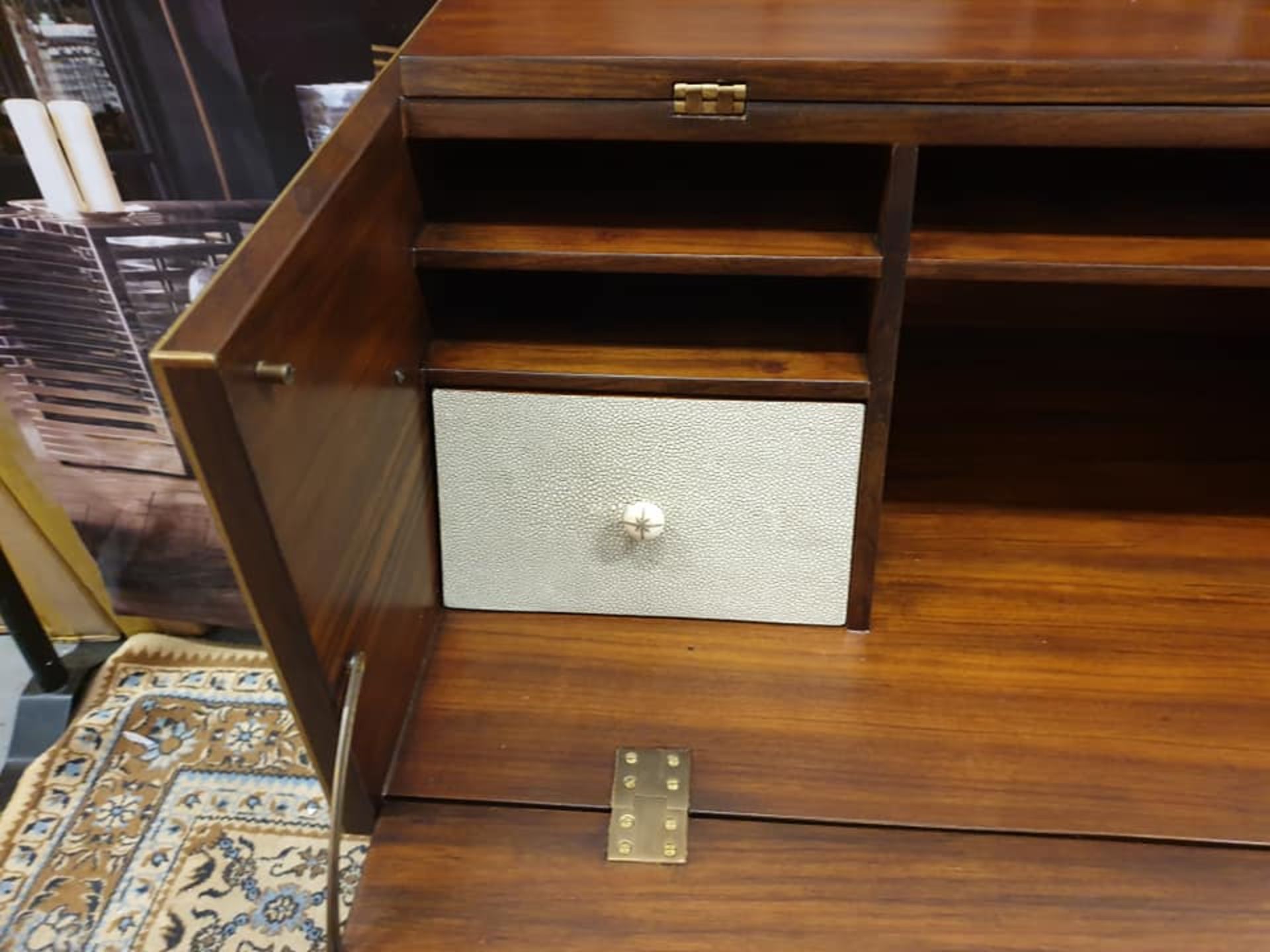 Starbay Acacia Walnut campaign writing desk with Brass trim and brass legs with leather strapping - Image 3 of 7