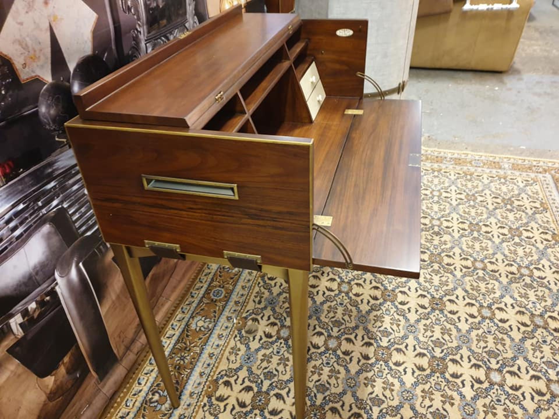 Starbay Acacia Walnut campaign writing desk with Brass trim and brass legs with leather strapping - Image 5 of 7