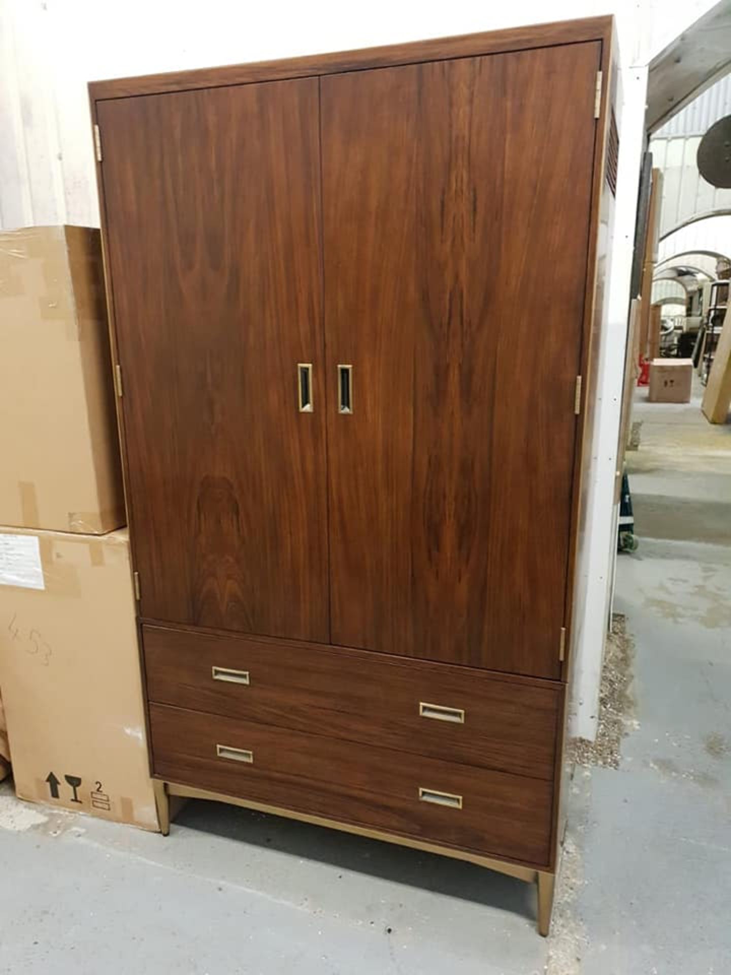 Starbay Acacia Walnut wardrobe double door with brass inlay brass legs and leather strap detail