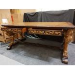 Griffin Library Table 100 Year Distressed Double Sided Library Desk With Aged Gilt Accents Planked