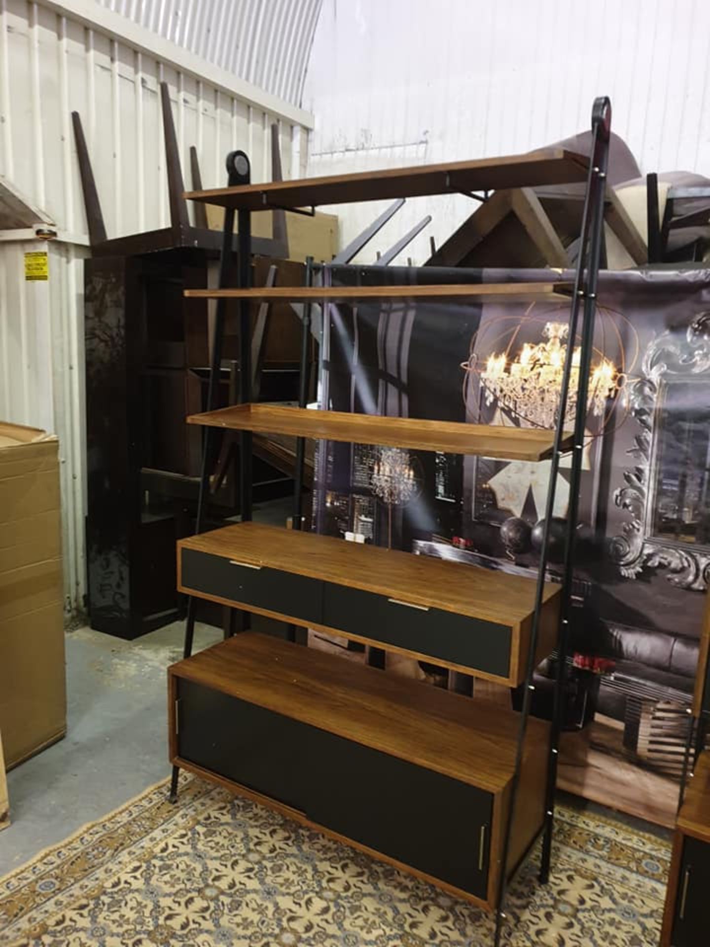 Wall Galley Acacia Walnut shelving unit constructed on an industrial bolted frame 3 x adjustable - Image 2 of 4