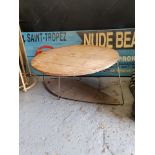 Pizza Table - Artisan table metal framed with a Acacia Wood Round Wooden paddle top 76 x 63 x 34cm