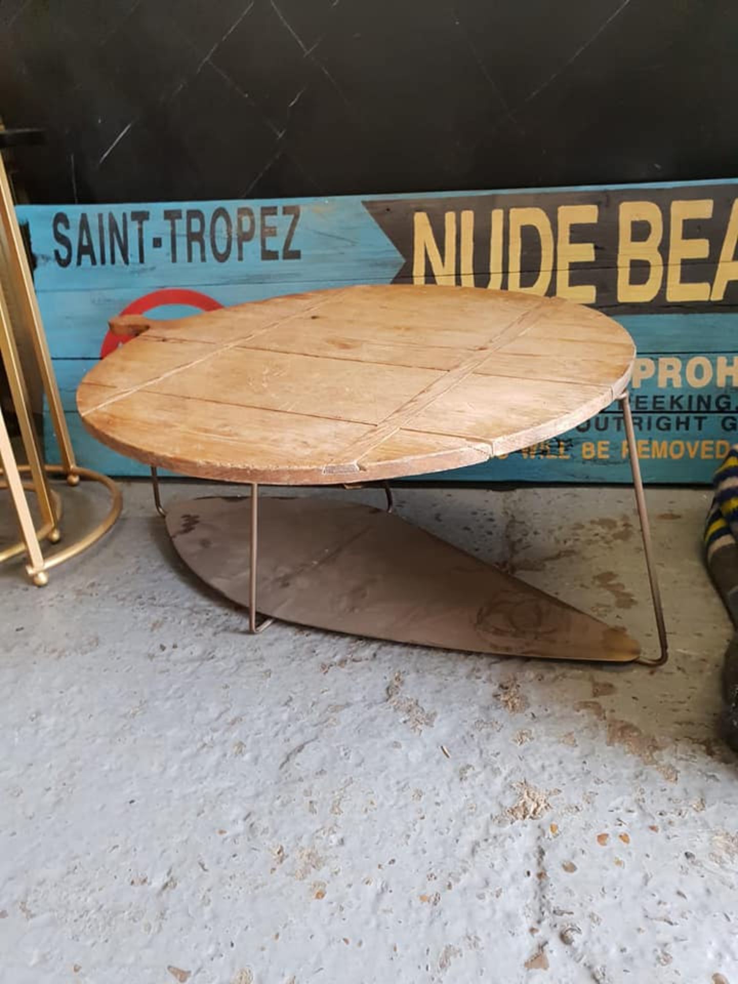 Pizza Table - Artisan table metal framed with a Acacia Wood Round Wooden paddle top 76 x 63 x 34cm