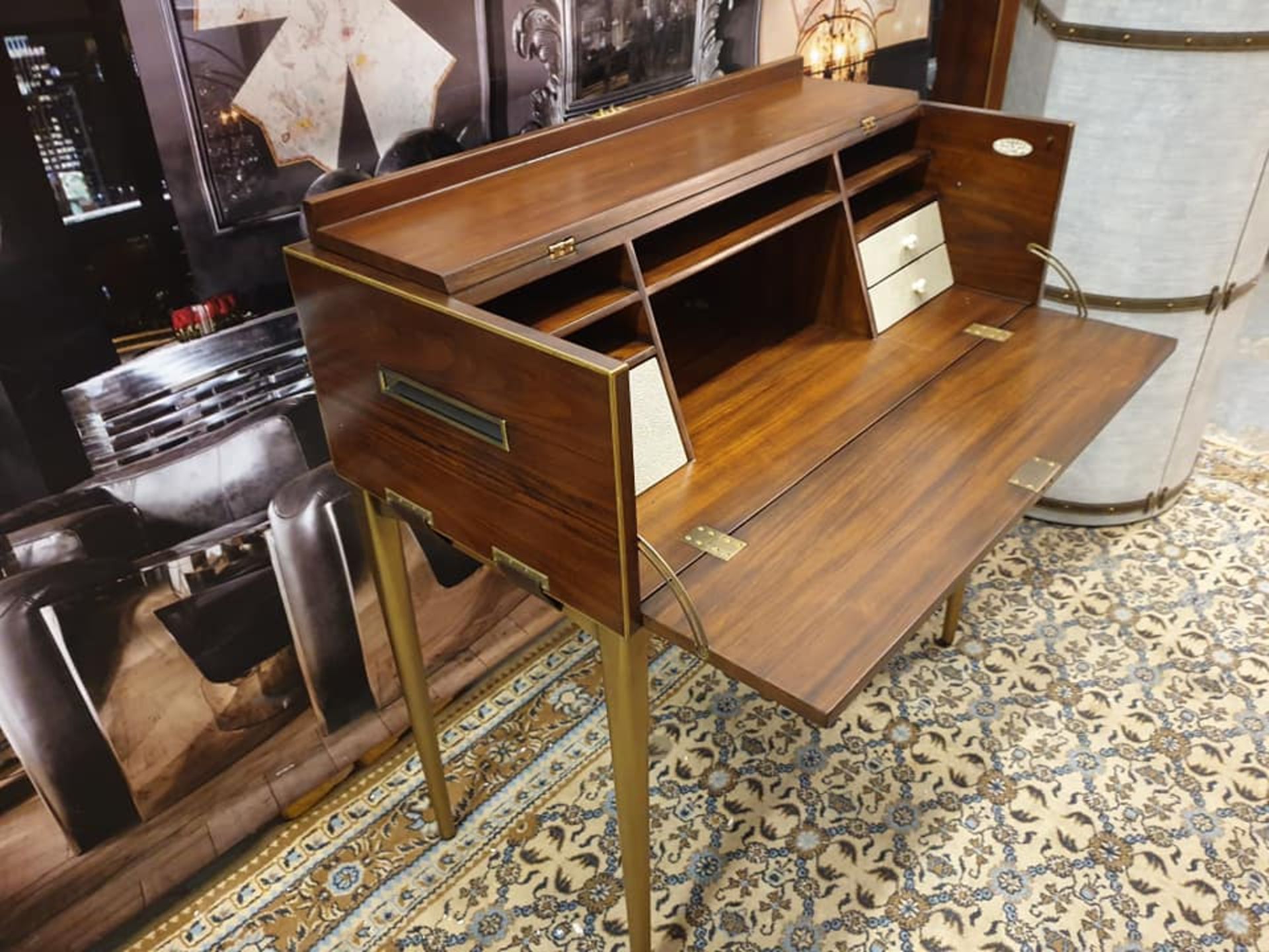 Starbay Acacia Walnut campaign writing desk with Brass trim and brass legs with leather strapping - Image 4 of 7