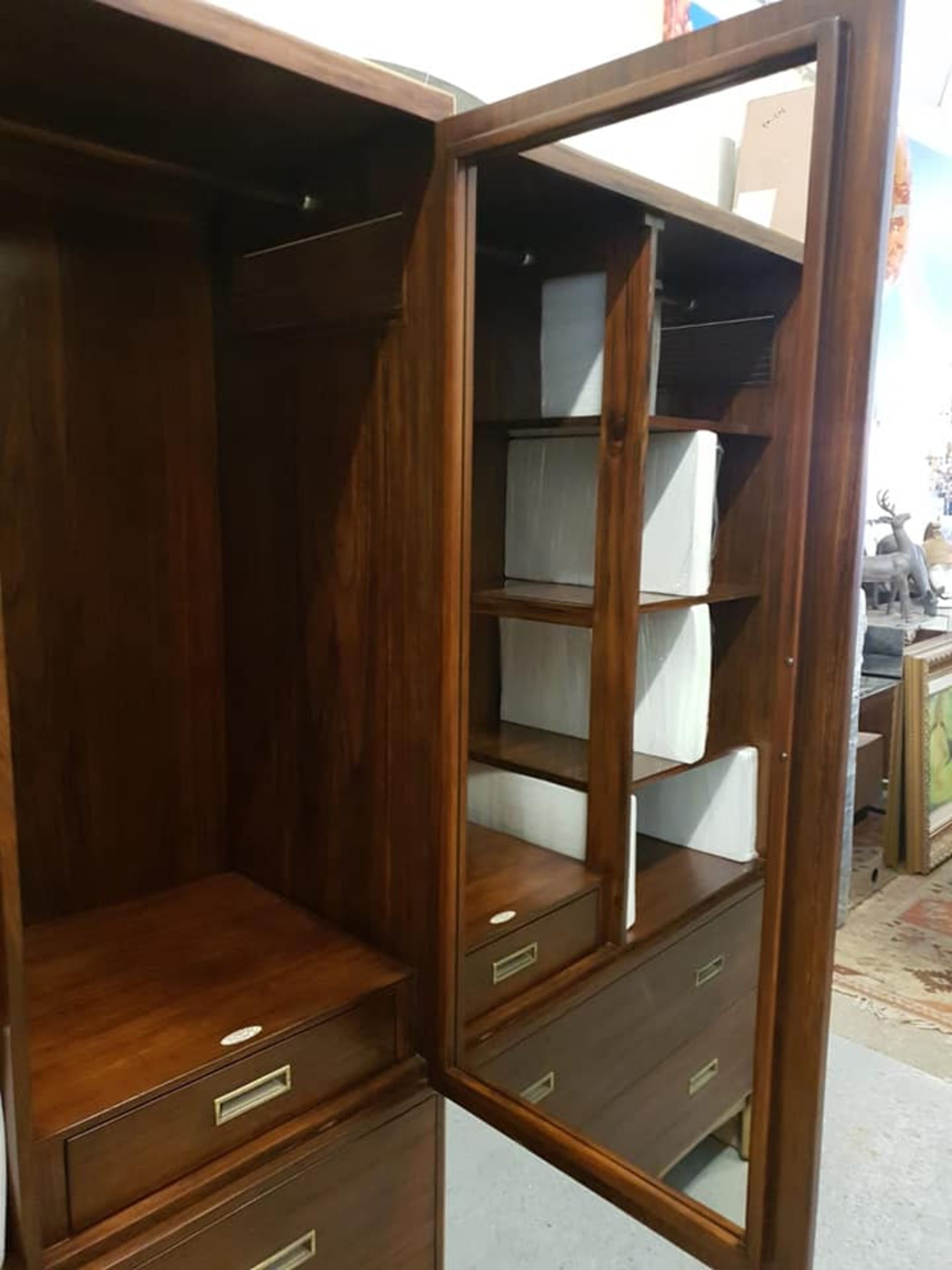 Starbay Acacia Walnut wardrobe double door with brass inlay brass legs and leather strap detail - Image 6 of 6