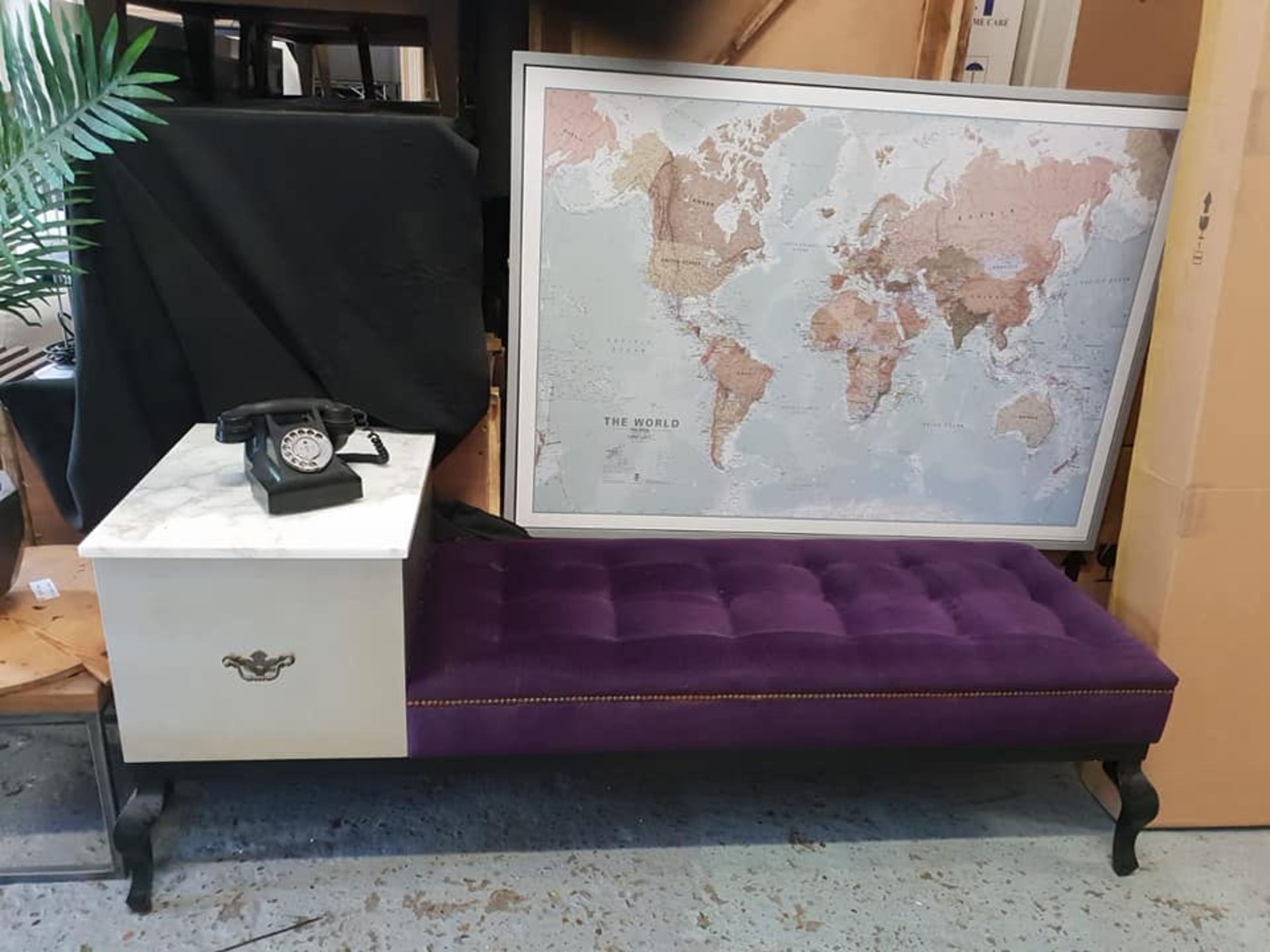 Telephone table with seat - upholstered tufted bench with Queen Anne style legs marble top and paint