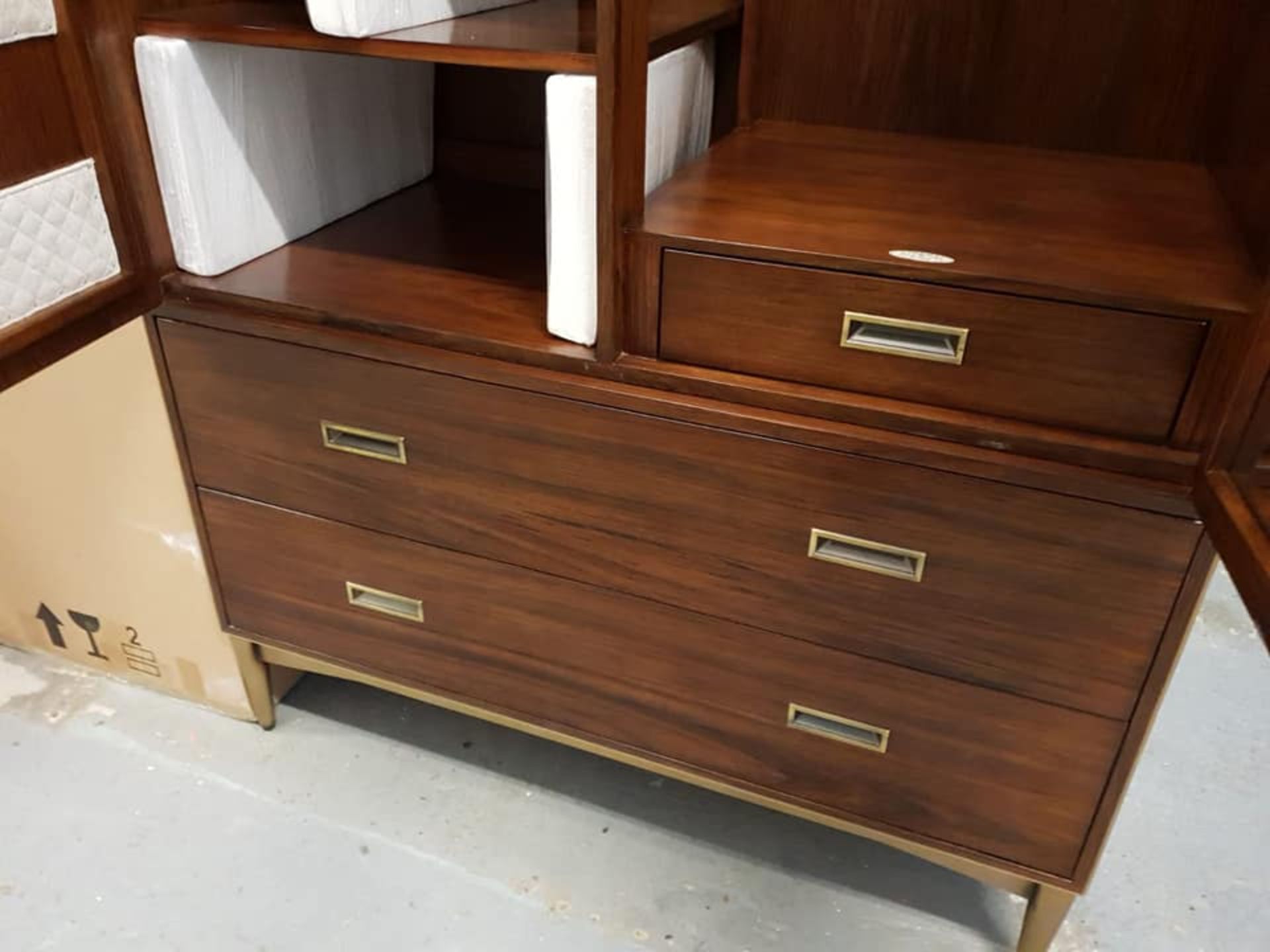 Starbay Acacia Walnut wardrobe double door with brass inlay brass legs and leather strap detail - Image 3 of 6