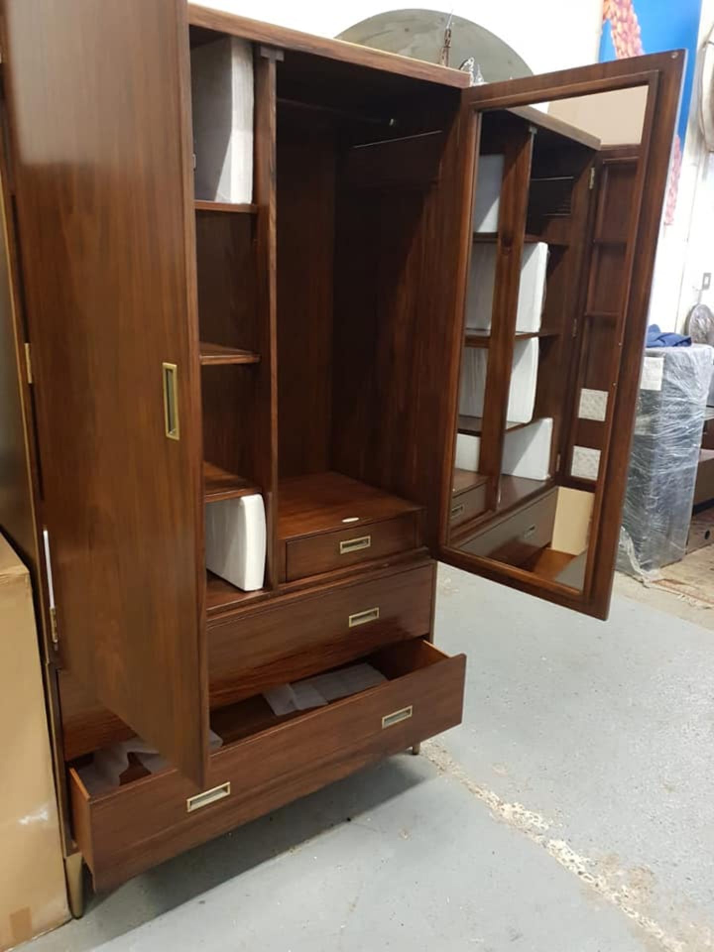 Starbay Acacia Walnut wardrobe double door with brass inlay brass legs and leather strap detail - Image 2 of 6