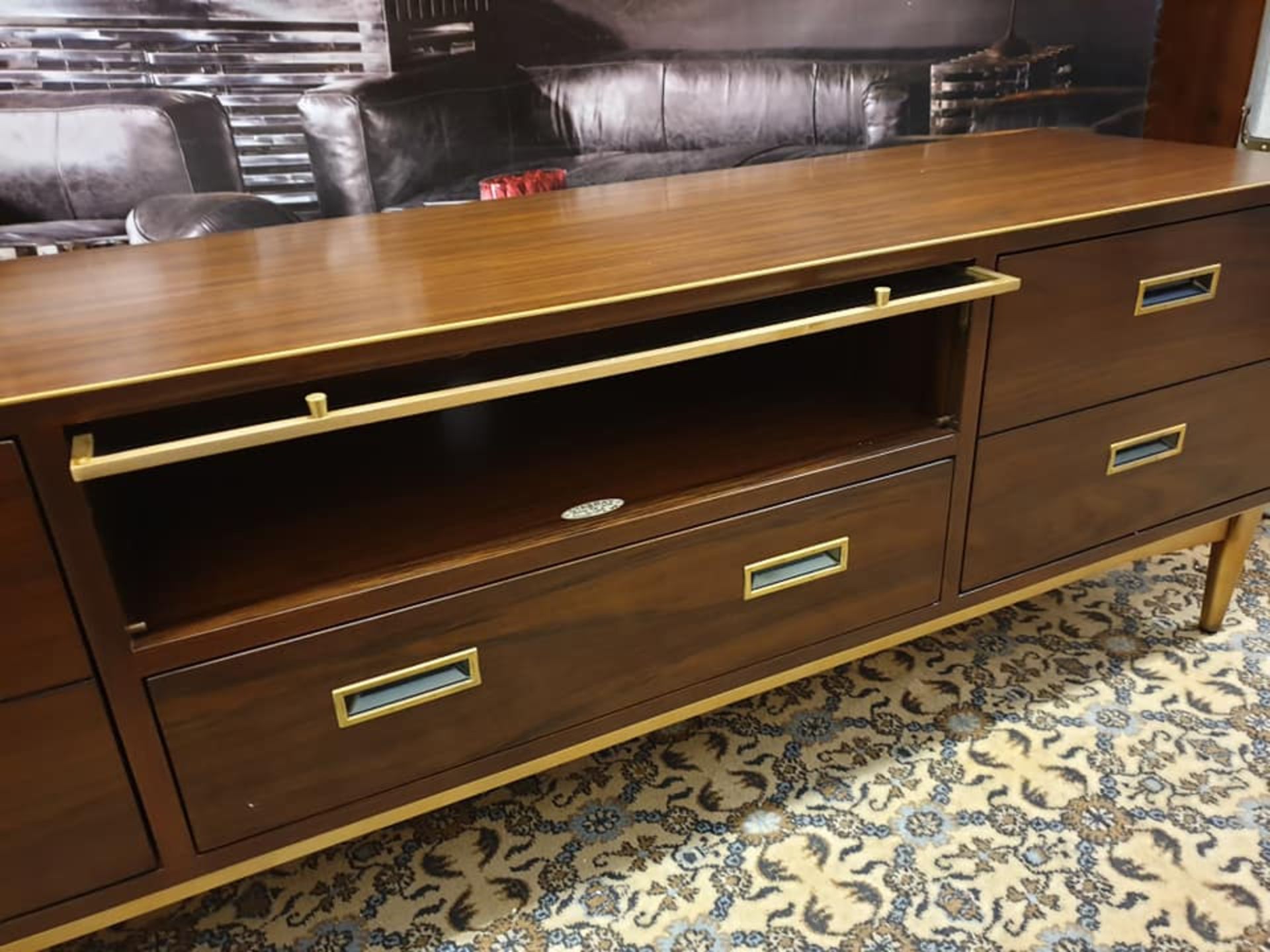 Starbay Acacia Walnut Media Unit With Brass Inlay Brass Legs And Leather Strap Detail Designed - Image 4 of 4