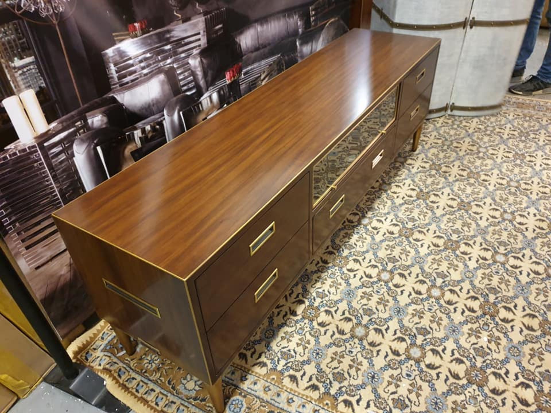 Starbay Acacia Walnut Media Unit With Brass Inlay Brass Legs And Leather Strap Detail Designed - Image 3 of 4