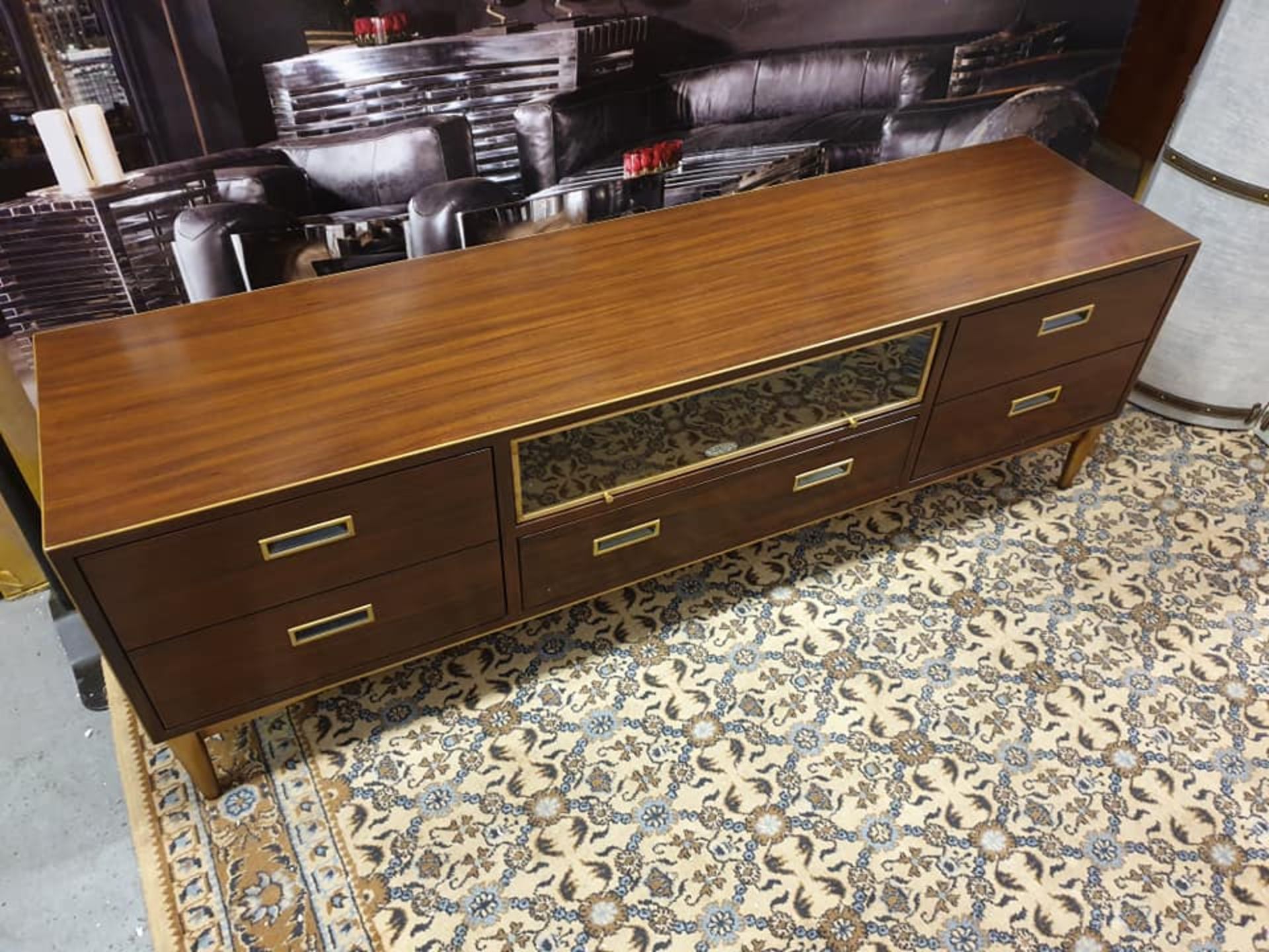 Starbay Acacia Walnut Media Unit With Brass Inlay Brass Legs And Leather Strap Detail Designed