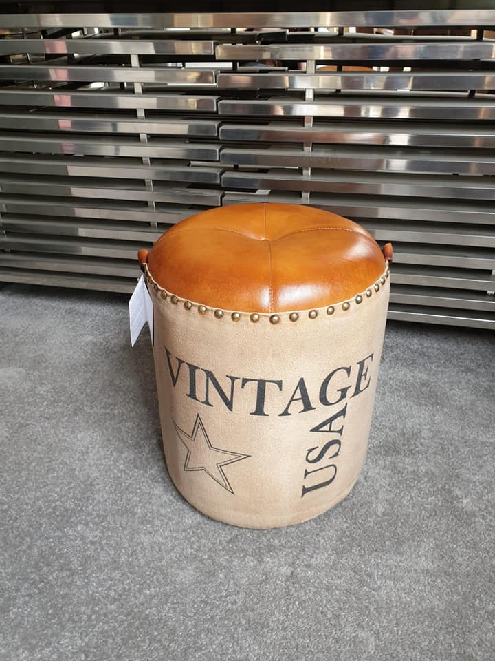 Leather PouffeOld-Style Canvas And Soft Genuine Leather The Pouffe Displays A Vintage Feel Will