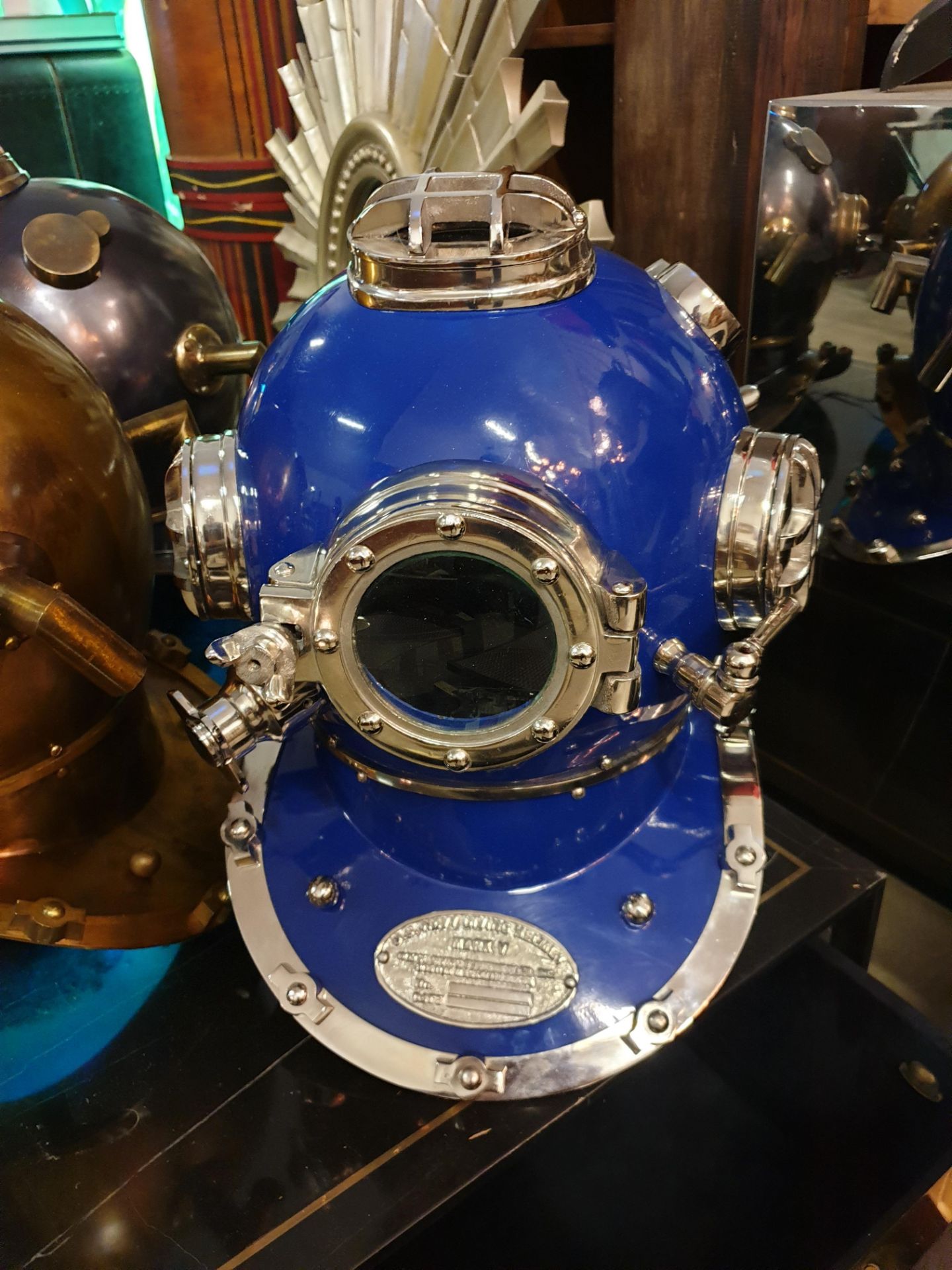 Reproduction Anchor Engineering 1921 Scuba Diving Marine Divers Helmet Deep Sea Chrome Blue Finish