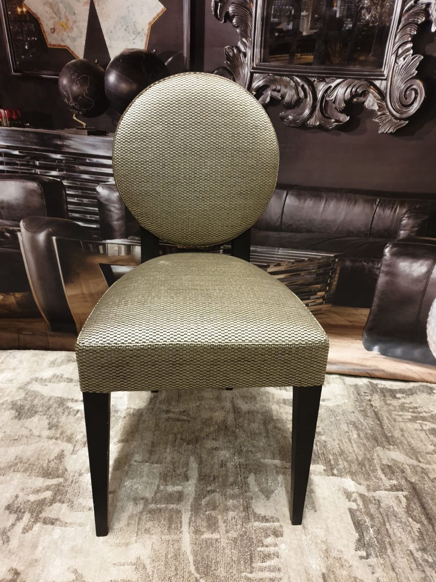 2 X Pierre Frey Gold Round Back Chair With Woven Check Pattern And Dark Wood Legs. 45 X 45 X 90