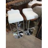 A Pair Of White Leather Adjustable Height Chrome Breakfast Bar Stools With Footrest 43cm Pitch