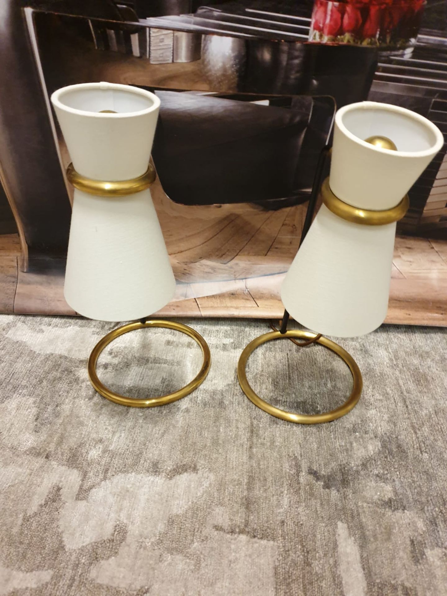 2 X Brass And Black Lamps Hooped Brass Base With Cream Shade 84cm