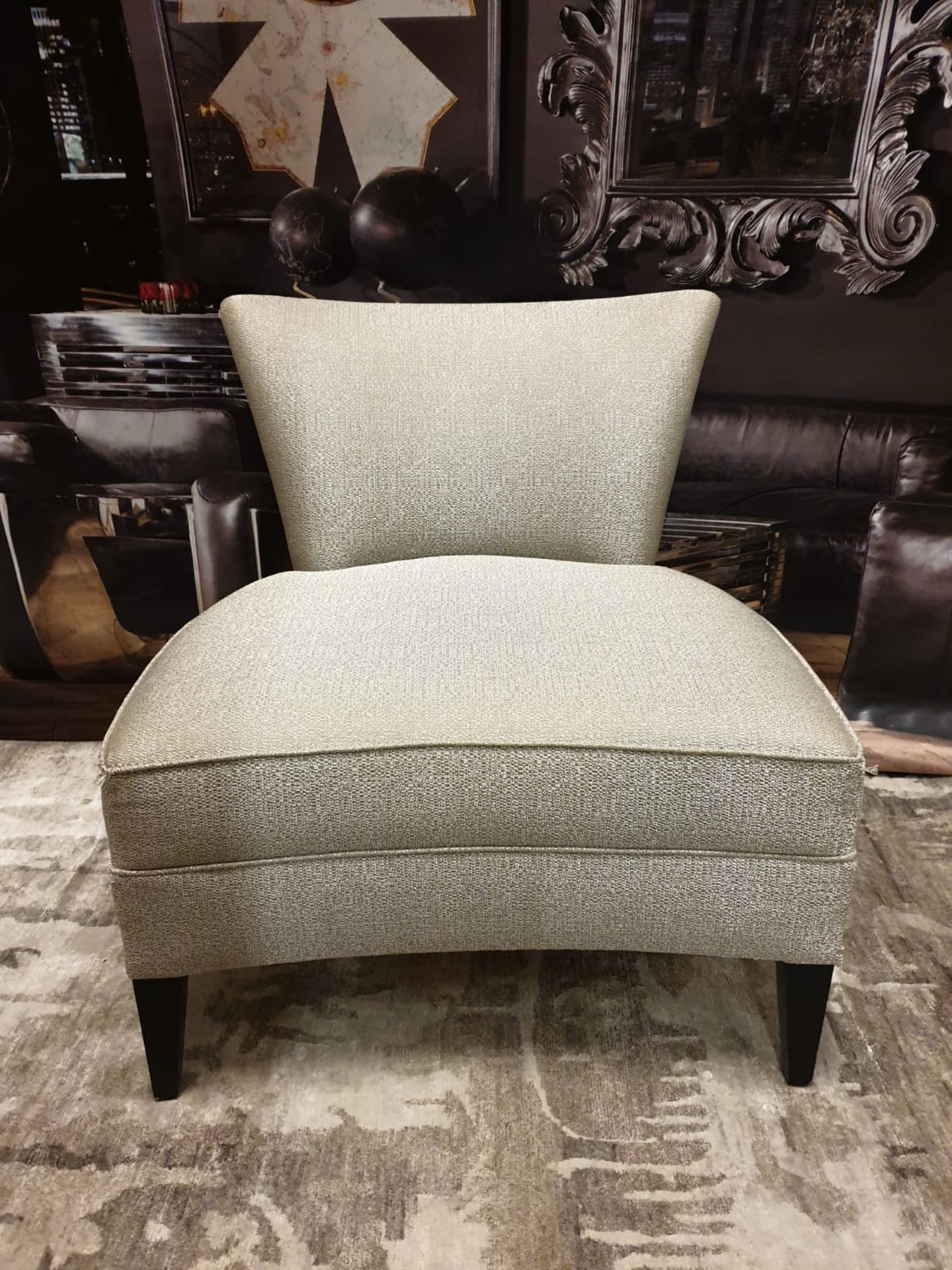 Grey Speckled Curved Wide Seat Wing Chair With Dark Wooden Legs 75 X 52 X 80