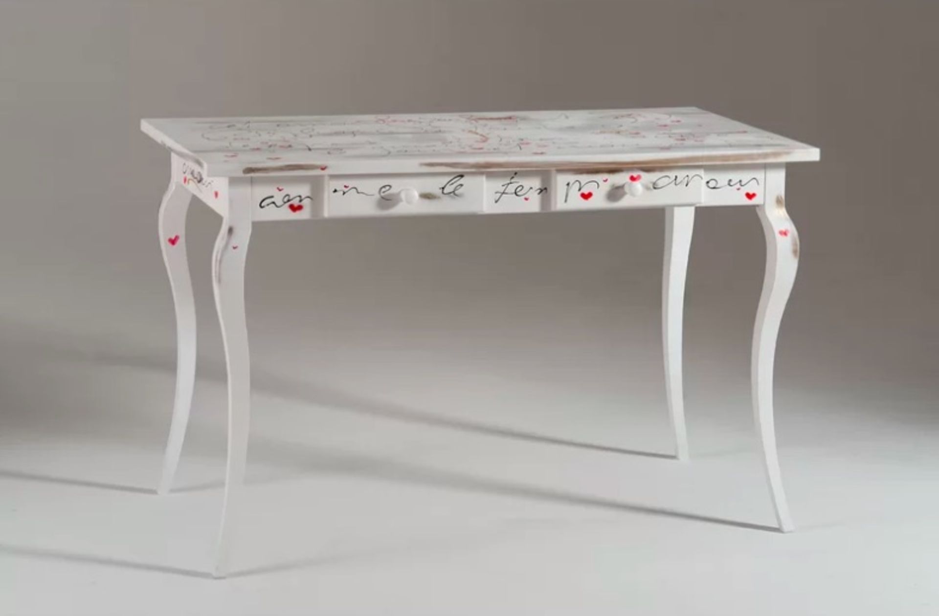 Amour Desk Handmade Solid Wood White Lacquered Traditional Desk With Romance Design And Brushstrokes