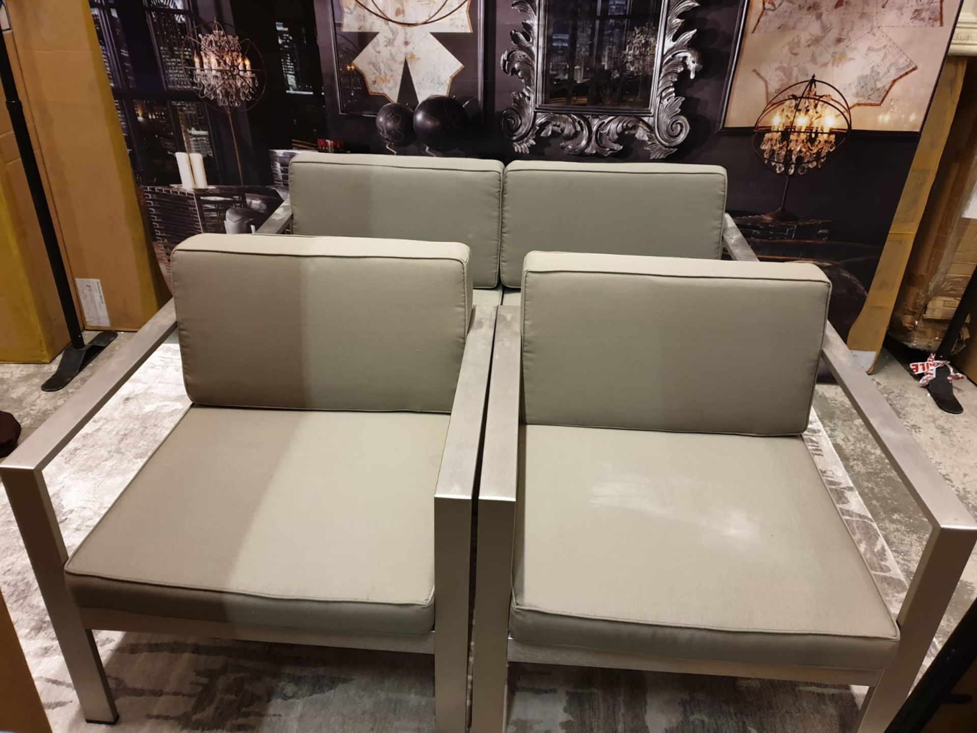 Brushed Steel Patio Set Comprises 2 Seater Sofa With Grey Cushions. (138 70 X 80) And 2 X Arm Chairs