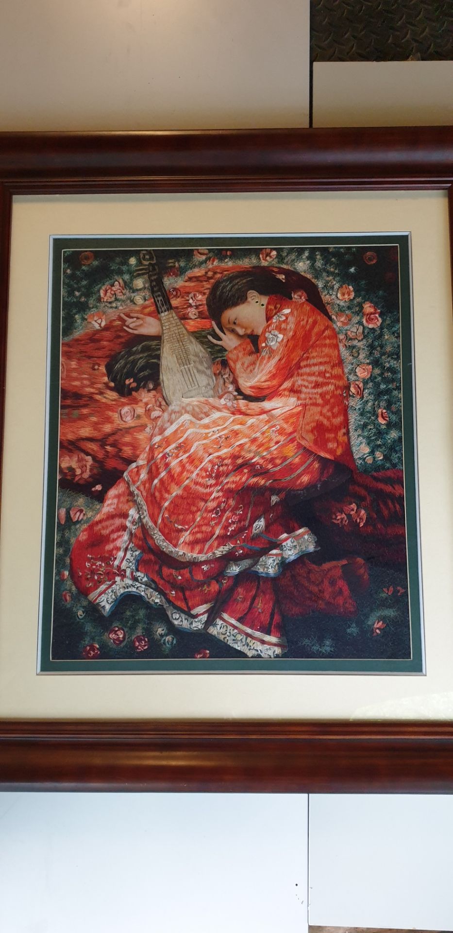 Framed Silk Picture Depicts A Chinese Lady Mounted In A Solid Wood Frame With Silk Threading 81 x 93