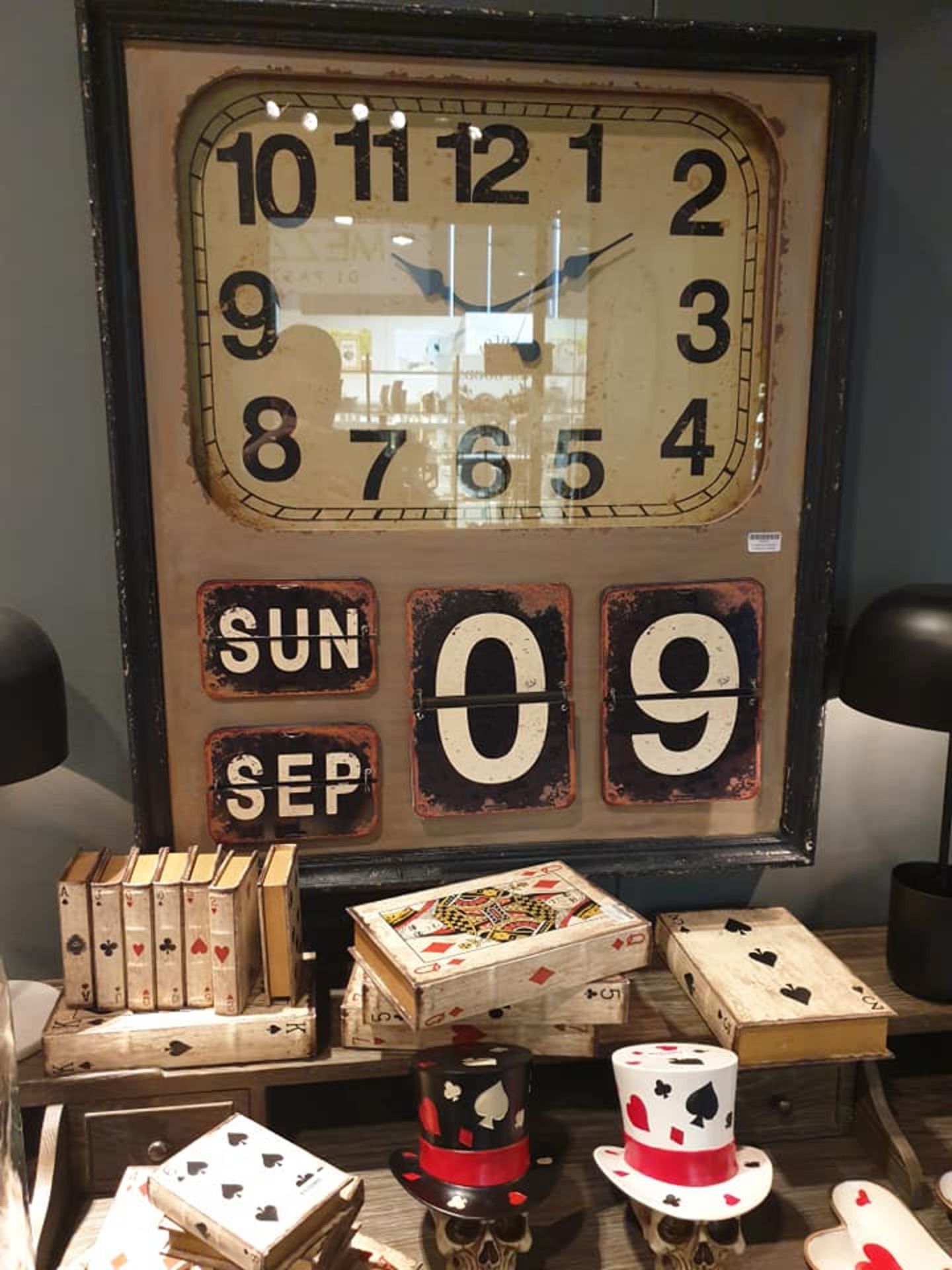 Vintage Style Wall Hanging Clock With Date Panel Antiqued Effect And Metal Plate Calendar Indicators