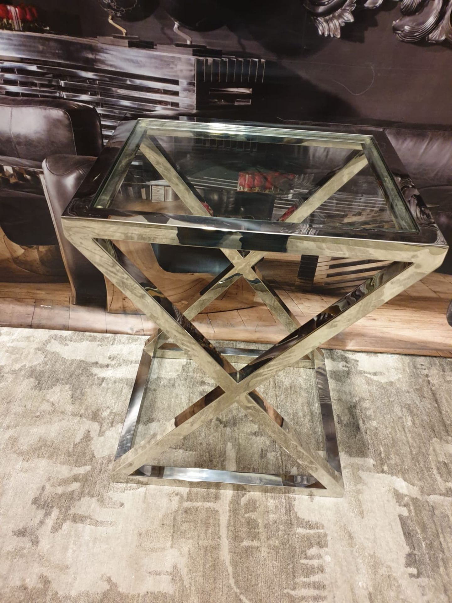 Chrome Cross Leg Glass Top Side Table 50 X 40 X 66