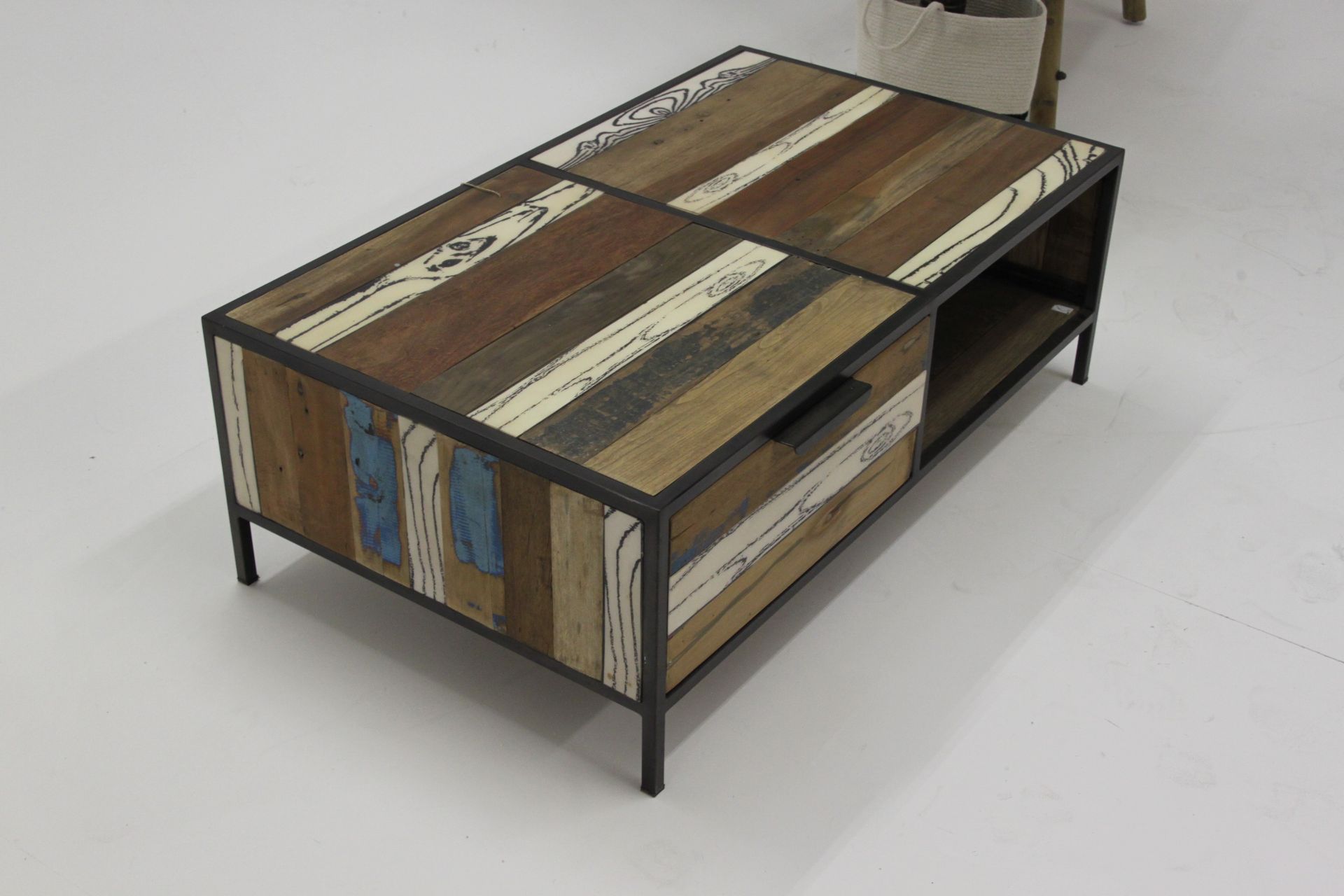 Titanic Evolve Coffee Table With 2 Drawers Reclaimed Timbers Iron And White Faux Timber Resin In A