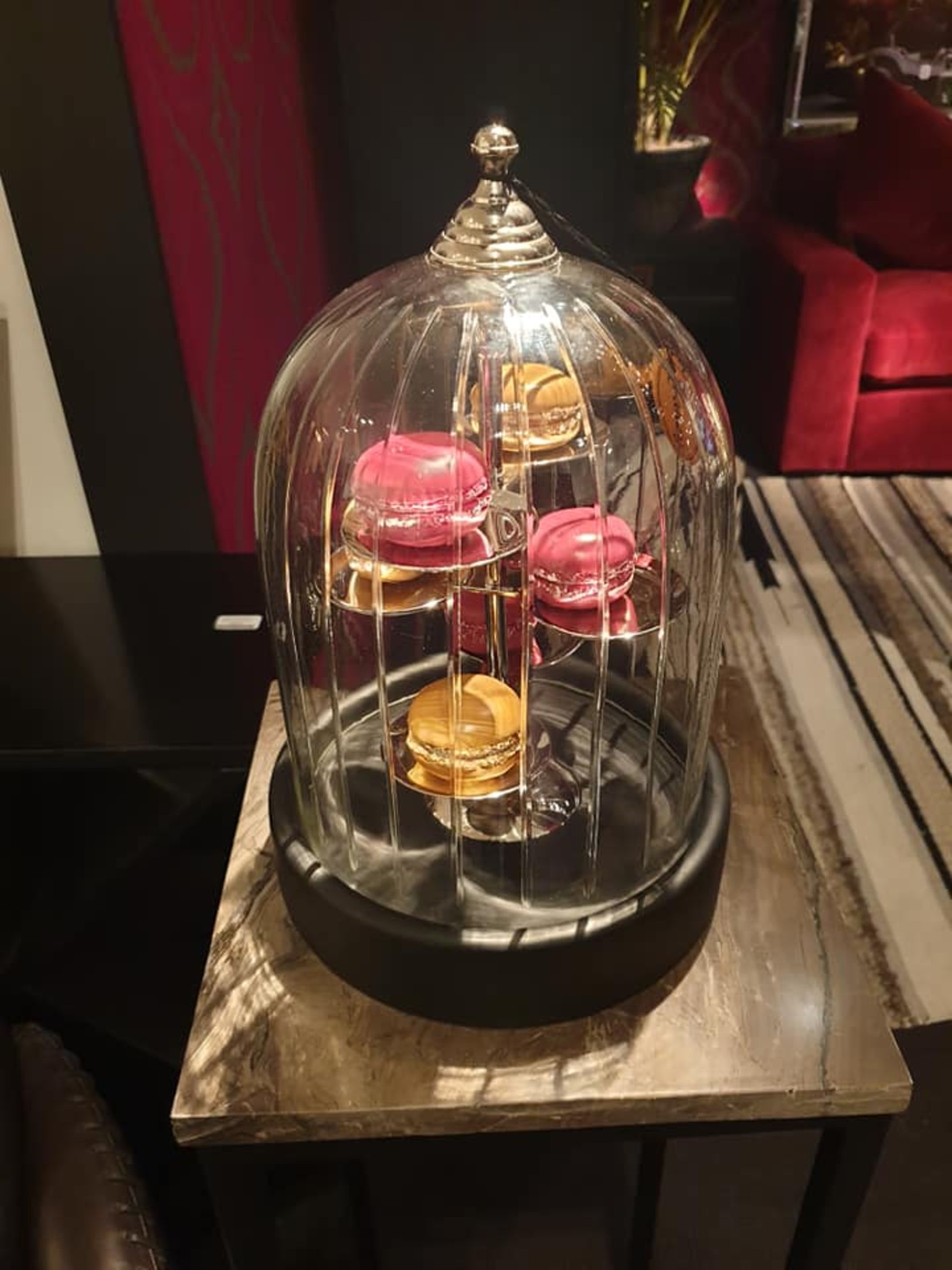 Glass Dome Cake Stand Nickel With Decorative Macaroons A Traditional Museum Style Glass Dome Case