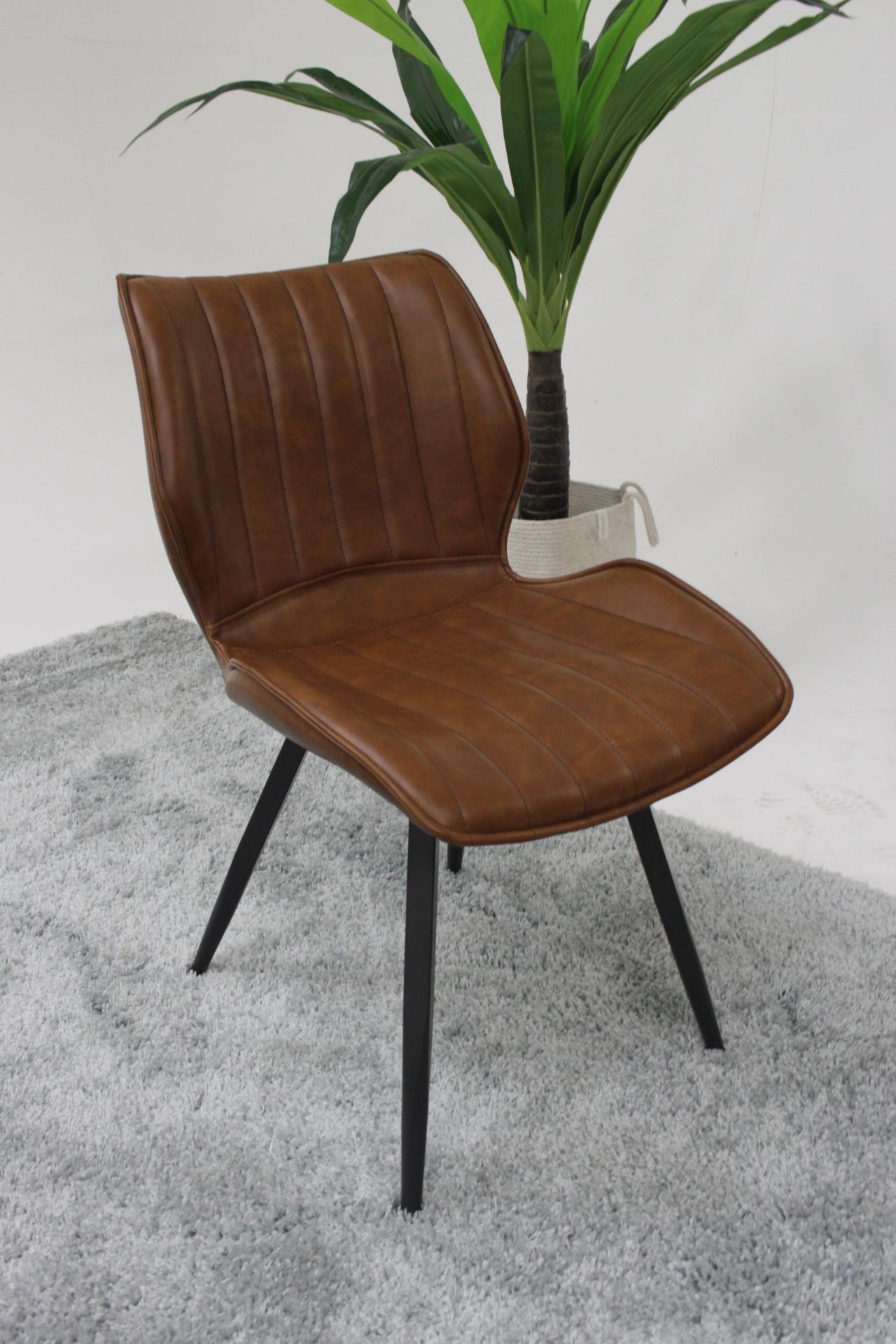 Alfa Ribbed Dining Chair Vegan Leather Tan Quilted Upholstery