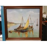 Framed Painting Oil on Board Boats in Harbour